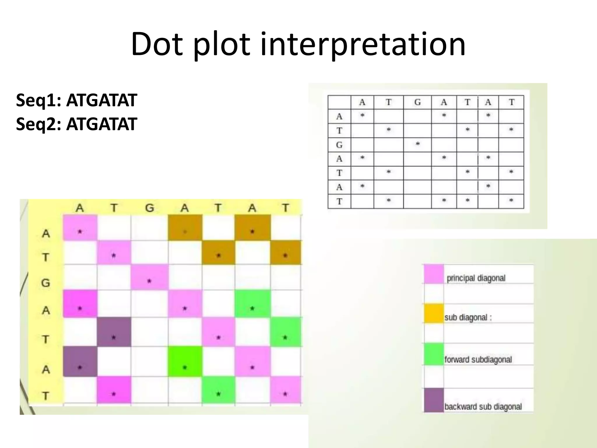 Dot plot interpretation
Seq1: ATGATAT
Seq2: ATGATAT
 
