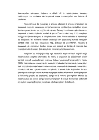 kaampayatan poimponu. Nakaanu o aktiviti diti do popoingkawas kabaalan
mokinongou om mimboros do tangaanak maya pomurangahan om tisimbar di
pinatahak.
Pinosotol nogi do mongingia o proses adaptasi id proses pinsingilaan do
tangaanak maya do papanau do pongia’an miampai pointilombus mantad tuni pimato
kumaa ngaran pimato om nogi bontuk pimato. Sabaagi poomitanan, polombuson do
tangaanak o tuni-tuni pimato mantad A gisom Z om tudukan nogi di do mongingia
nonggo tiso pimato sanganu di tuni pinolombus diolo. Proses asimilasi di popohompit
do tangaanak do mamarati toilaan kawawagu om popisudong kumaa nawayaan
sandad diolo nogi nga nakapanau nogi. Sabaagi do poomitanan, nakaanu o
tangaanak do mongimuri bontuk pimato om popionit do bontuk dii miampai tuni
montok pimato di noilaan diolo pogulu do minongimuri di tongopimato.
Pongia’an do mongingia nogi nga nakatanud kopio do teori kognitif maya
kapamanahan adaptasi akomodasi tu’ kaanu o tangaanak do poposimban toilaan
sandad montok popisudongon miampai toilaan kawawagu(KamaruddinHj. Husin,
1998). Naangatan do mongingia do popisudong kabaalan tangaanak do mongintutun
tuni tongopimato maya kopomoroitan miampai magangat do tangaanak mongintutun
bontuk-bontuk om ngaran montok tuni pimato di narait diolo. Kopomilian do teori
pinsingilaan sabaagi sukuan kumaa mongingia montok momonsoi aktiviti pongia’an
di kosudong pogulu do papapanau pongia’an id linimput pinsingilaan. Mantad do
kapamanahan do proses pongia’an om pinsingilaan di noulud do miampai sistematik
om oulud, nagampot nodi do mongingia o tudu pongia’an do tadau dii.
 