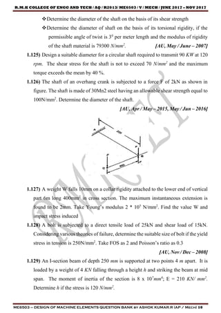 R.M.K COLLEGE OF ENGG AND TECH / AQ / R2013/ ME6503 / V / MECH / JUNE 2017 – NOV 2017
ME6503 – DESIGN OF MACHINE ELEMENTS QUESTION BANK by ASHOK KUMAR.R (AP / Mech) 10
Determine the diameter of the shaft on the basis of its shear strength
Determine the diameter of shaft on the basis of its torsional rigidity, if the
permissible angle of twist is 30
per meter length and the modulus of rigidity
of the shaft material is 79300 N/mm2
. [AU, May / June – 2007]
1.125) Design a suitable diameter for a circular shaft required to transmit 90 KW at 120
rpm. The shear stress for the shaft is not to exceed 70 N/mm2
and the maximum
torque exceeds the mean by 40 %.
1.126) The shaft of an overhang crank is subjected to a force F of 2kN as shown in
figure. The shaft is made of 30Mn2 steel having an allowable shear strength equal to
100N/mm2
. Determine the diameter of the shaft.
[AU, Apr / May – 2015, May / Jun – 2016]
1.127) A weight W falls 10mm on a collar rigidity attached to the lower end of vertical
part 6m long 400mm2
in cross section. The maximum instantaneous extension is
found to be 2mm. Take Young’s modulus 2 * 105
N/mm2
. Find the value W and
impact stress induced
1.128) A bolt is subjected to a direct tensile load of 25kN and shear load of 15kN.
Considering various theories of failure, determine the suitable size of bolt if the yield
stress in tension is 250N/mm2
. Take FOS as 2 and Poisson’s ratio as 0.3
[AU, Nov / Dec – 2008]
1.129) An I-section beam of depth 250 mm is supported at two points 4 m apart. It is
loaded by a weight of 4 KN falling through a height h and striking the beam at mid
span. The moment of inertia of the section is 8 x 107
mm4
; E = 210 KN/ mm2
.
Determine h if the stress is 120 N/mm2
.
 