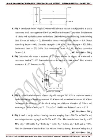R.M.K COLLEGE OF ENGG AND TECH / AQ / R2013/ ME6503 / V / MECH / JUNE 2017 – NOV 2017
ME6503 – DESIGN OF MACHINE ELEMENTS QUESTION BANK by ASHOK KUMAR.R (AP / Mech) 23
1.173) A cantilever rod of length 120 mm with circular section is subjected to a cyclic
transverse load; varying from -100 N to 300 N at its free end. Determine the diameter
‘d’ of the rod, by (i) Goodman method and (ii) Soderberg method using the following
data. Factor of safety = 2; Theoretical stress concentration factor = 1.4; Notch
sensitivity factor = 0.9; Ultimate strength= 550 MPa; Yield strength = 320 MPa;
Endurance limit = 275 MPa; Size correction factor = 0.85; Surface correction
factor= 0.9. [AU, Nov / Dec – 2015]
1.174) Determine the cross - section of C frame shown in figure to withstand a
maximum load of 25KN. Permissible stress in tension is 100 N/mm2
. Find also the
stresses at X - X. Assume h = 2b
1.175) A cylindrical shaft made of steel of yield strength 700 MPa is subjected to static
loads consisting of bending moment 10 KN-m and a torsional moment 30 KN-m.
Determine the diameter of the shaft using two different theories of failure and
assuming a factor of safety of 2. Take E = 210 GPa and Poisson's ratio = 0.25.
[AU, Nov / Dec – 2012]
1.176) A shaft is subjected to a bending moment varying from - 200 Nm to 500 Nm and
a twisting moment varying from 50 Nm to 175 Nm. The material used has SU = 600
MPa ; Se = 300 MPa; Ka = 0.76; Kb = 0.85; Kc = 0.897; Kt = 1.85 and q = 0.95.
Find the diameter of the shaft by Von Misses Hencky theory. Factor of safety is 1.5
[AU, Nov / Dec – 2003]
 