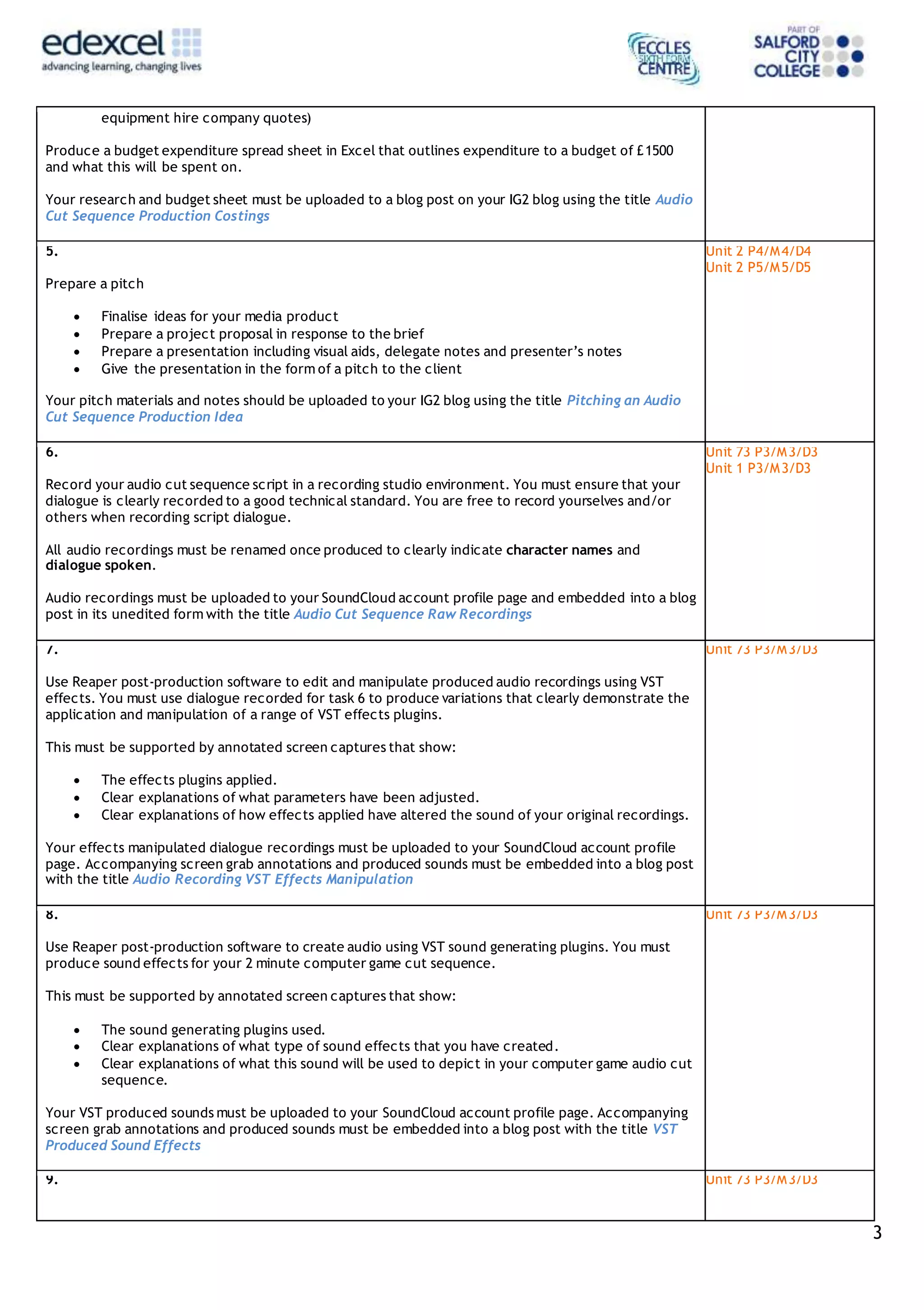 3
equipment hire company quotes)
Produce a budget expenditure spread sheet in Excel that outlines expenditure to a budget of £1500
and what this will be spent on.
Your research and budget sheet must be uploaded to a blog post on your IG2 blog using the title Audio
Cut Sequence Production Costings
5.
Prepare a pitch
 Finalise ideas for your media product
 Prepare a project proposal in response to the brief
 Prepare a presentation including visual aids, delegate notes and presenter’s notes
 Give the presentation in the form of a pitch to the client
Your pitch materials and notes should be uploaded to your IG2 blog using the title Pitching an Audio
Cut Sequence Production Idea
Unit 2 P4/M4/D4
Unit 2 P5/M5/D5
6.
Record your audio cut sequence script in a recording studio environment. You must ensure that your
dialogue is clearly recorded to a good technical standard. You are free to record yourselves and/or
others when recording script dialogue.
All audio recordings must be renamed once produced to clearly indicate character names and
dialogue spoken.
Audio recordings must be uploaded to your SoundCloud account profile page and embedded into a blog
post in its unedited form with the title Audio Cut Sequence Raw Recordings
Unit 73 P3/M3/D3
Unit 1 P3/M3/D3
7.
Use Reaper post-production software to edit and manipulate produced audio recordings using VST
effects. You must use dialogue recorded for task 6 to produce variations that clearly demonstrate the
application and manipulation of a range of VST effects plugins.
This must be supported by annotated screen captures that show:
 The effects plugins applied.
 Clear explanations of what parameters have been adjusted.
 Clear explanations of how effects applied have altered the sound of your original recordings.
Your effects manipulated dialogue recordings must be uploaded to your SoundCloud account profile
page. Accompanying screen grab annotations and produced sounds must be embedded into a blog post
with the title Audio Recording VST Effects Manipulation
Unit 73 P3/M3/D3
8.
Use Reaper post-production software to create audio using VST sound generating plugins. You must
produce sound effects for your 2 minute computer game cut sequence.
This must be supported by annotated screen captures that show:
 The sound generating plugins used.
 Clear explanations of what type of sound effects that you have created.
 Clear explanations of what this sound will be used to depict in your computer game audio cut
sequence.
Your VST produced sounds must be uploaded to your SoundCloud account profile page. Accompanying
screen grab annotations and produced sounds must be embedded into a blog post with the title VST
Produced Sound Effects
Unit 73 P3/M3/D3
9. Unit 73 P3/M3/D3
 