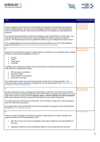 2
Tasks Grading Criteria Mapping
1.
Produce a glossary of terms specific to the methods and principles of sound design and production.
Using a provided template, you must research and gather definitions specific to provided glossary
terms. Any definitions must be referenced with the URL link of the website you have obtained the
definition.
As your practical audio production experience develops, by way of improving your initial report, you
must also provide specific details of how researched definitions relate to your own production
practice. This improved report must be uploaded in addition to your initial glossary research report.
Your completed glossary of terms and definitions must be uploaded to your Unit 73 IG2 assignment
blog with the title Methods and Principles of Sound Design and Production
Unit 73 P2/M2/D2
Unit 2 P1/M1/D1
Unit 2 P2/M2/D2
Unit 2 P3/M3/D3
2.
Analyse the sound design of a range of computer game cut sequences. You must gather video examples
and discuss how the sound design gives a sense of:
 Setting
 Mood
 Game genre
 Narrative
In addition, your analysis must explain how you think specific soundtrack assets have been produced
(with reference to production process):
 VST instruments and effects
 Studio recording
 Use of traditional instruments
 Audio field recordings
Your analysis must contain clear reference to specific sections of your chosen examples. Your
sequence analysis must be uploaded to a blog post on your IG1 blog using the title Computer Game
Cut Sequence Sound Design Analysis
Unit 73 P1/M1/D1
Unit 2 P2/M2/D2
3.
Use Celtx software to produce a 2 page script featuring two characters. This will form the narrative
basis for your audio cut sequence production for the GTA 5 mission expansion pack release. Your script
pages must include correctly formatted character names, character dialogue and action description
that clearly indicates reference to sounds that will feature in your audio cut sequence.
You must produce an initial draft and a final draft. Your final draft is expected to refine and improve
upon the initial draft you produce.
Your 2 page draft script and final draft script must be uploaded to a blog post on your IG2 blog using
the title Audio Cut Sequence Scripts
Unit 1 P2/M2/D2
Unit 2 P3/M3/D3
4.
Produce a report & a budget that outlines the specific requirements for an audio production with
supporting research & staff and equipment costs:
 Describe the job role of the sound designer and be able to define the job responsibilities of
that role.
 Equipment needed for sound recording and daily hire costs (researched with links and
Unit 1 P1/M1/D1
 