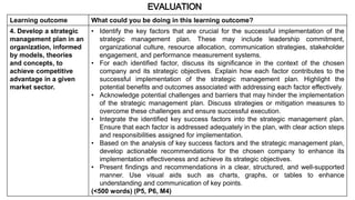 Learning outcome What could you be doing in this learning outcome?
4. Develop a strategic
management plan in an
organization, informed
by models, theories
and concepts, to
achieve competitive
advantage in a given
market sector.
• Identify the key factors that are crucial for the successful implementation of the
strategic management plan. These may include leadership commitment,
organizational culture, resource allocation, communication strategies, stakeholder
engagement, and performance measurement systems.
• For each identified factor, discuss its significance in the context of the chosen
company and its strategic objectives. Explain how each factor contributes to the
successful implementation of the strategic management plan. Highlight the
potential benefits and outcomes associated with addressing each factor effectively.
• Acknowledge potential challenges and barriers that may hinder the implementation
of the strategic management plan. Discuss strategies or mitigation measures to
overcome these challenges and ensure successful execution.
• Integrate the identified key success factors into the strategic management plan.
Ensure that each factor is addressed adequately in the plan, with clear action steps
and responsibilities assigned for implementation.
• Based on the analysis of key success factors and the strategic management plan,
develop actionable recommendations for the chosen company to enhance its
implementation effectiveness and achieve its strategic objectives.
• Present findings and recommendations in a clear, structured, and well-supported
manner. Use visual aids such as charts, graphs, or tables to enhance
understanding and communication of key points.
(<500 words) (P5, P6, M4)
EVALUATION
 