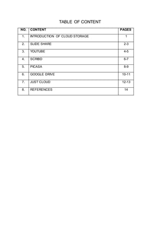 TABLE OF CONTENT
NO. CONTENT PAGES
1. INTRODUCTION OF CLOUD STORAGE 1
2. SLIDE SHARE 2-3
3. YOUTUBE 4-5
4. SCRIBD 6-7
5. PICASA 8-9
6. GOOGLE DRIVE 10-11
7. JUST CLOUD 12-13
8. REFERENCES 14
 