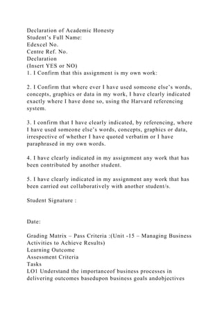 Declaration of Academic Honesty
Student’s Full Name:
Edexcel No.
Centre Ref. No.
Declaration
(Insert YES or NO)
1. I Confirm that this assignment is my own work:
2. I Confirm that where ever I have used someone else’s words,
concepts, graphics or data in my work, I have clearly indicated
exactly where I have done so, using the Harvard referencing
system.
3. I confirm that I have clearly indicated, by referencing, where
I have used someone else’s words, concepts, graphics or data,
irrespective of whether I have quoted verbatim or I have
paraphrased in my own words.
4. I have clearly indicated in my assignment any work that has
been contributed by another student.
5. I have clearly indicated in my assignment any work that has
been carried out collaboratively with another student/s.
Student Signature :
Date:
Grading Matrix – Pass Criteria :(Unit -15 – Managing Business
Activities to Achieve Results)
Learning Outcome
Assessment Criteria
Tasks
LO1 Understand the importanceof business processes in
delivering outcomes basedupon business goals andobjectives
 