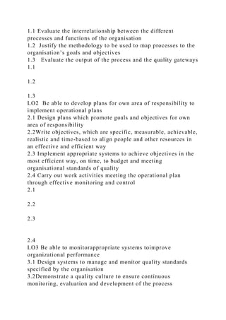 1.1 Evaluate the interrelationship between the different
processes and functions of the organisation
1.2 Justify the methodology to be used to map processes to the
organisation’s goals and objectives
1.3 Evaluate the output of the process and the quality gateways
1.1
1.2
1.3
LO2 Be able to develop plans for own area of responsibility to
implement operational plans
2.1 Design plans which promote goals and objectives for own
area of responsibility
2.2Write objectives, which are specific, measurable, achievable,
realistic and time-based to align people and other resources in
an effective and efficient way
2.3 Implement appropriate systems to achieve objectives in the
most efficient way, on time, to budget and meeting
organisational standards of quality
2.4 Carry out work activities meeting the operational plan
through effective monitoring and control
2.1
2.2
2.3
2.4
LO3 Be able to monitorappropriate systems toimprove
organizational performance
3.1 Design systems to manage and monitor quality standards
specified by the organisation
3.2Demonstrate a quality culture to ensure continuous
monitoring, evaluation and development of the process
 