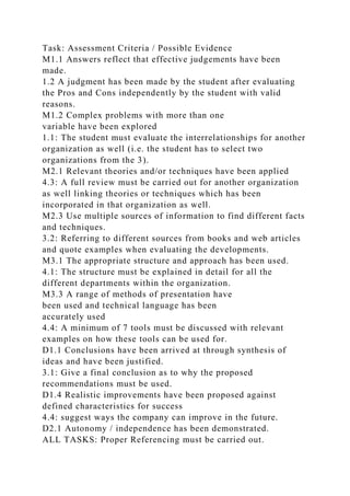 Task: Assessment Criteria / Possible Evidence
M1.1 Answers reflect that effective judgements have been
made.
1.2 A judgment has been made by the student after evaluating
the Pros and Cons independently by the student with valid
reasons.
M1.2 Complex problems with more than one
variable have been explored
1.1: The student must evaluate the interrelationships for another
organization as well (i.e. the student has to select two
organizations from the 3).
M2.1 Relevant theories and/or techniques have been applied
4.3: A full review must be carried out for another organization
as well linking theories or techniques which has been
incorporated in that organization as well.
M2.3 Use multiple sources of information to find different facts
and techniques.
3.2: Referring to different sources from books and web articles
and quote examples when evaluating the developments.
M3.1 The appropriate structure and approach has been used.
4.1: The structure must be explained in detail for all the
different departments within the organization.
M3.3 A range of methods of presentation have
been used and technical language has been
accurately used
4.4: A minimum of 7 tools must be discussed with relevant
examples on how these tools can be used for.
D1.1 Conclusions have been arrived at through synthesis of
ideas and have been justified.
3.1: Give a final conclusion as to why the proposed
recommendations must be used.
D1.4 Realistic improvements have been proposed against
defined characteristics for success
4.4: suggest ways the company can improve in the future.
D2.1 Autonomy / independence has been demonstrated.
ALL TASKS: Proper Referencing must be carried out.
 