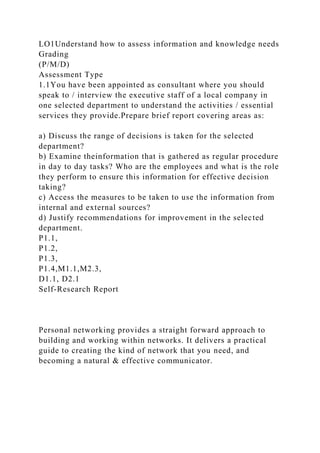 LO1Understand how to assess information and knowledge needs
Grading
(P/M/D)
Assessment Type
1.1You have been appointed as consultant where you should
speak to / interview the executive staff of a local company in
one selected department to understand the activities / essential
services they provide.Prepare brief report covering areas as:
a) Discuss the range of decisions is taken for the selected
department?
b) Examine theinformation that is gathered as regular procedure
in day to day tasks? Who are the employees and what is the role
they perform to ensure this information for effective decision
taking?
c) Access the measures to be taken to use the information from
internal and external sources?
d) Justify recommendations for improvement in the selected
department.
P1.1,
P1.2,
P1.3,
P1.4,M1.1,M2.3,
D1.1, D2.1
Self-Research Report
Personal networking provides a straight forward approach to
building and working within networks. It delivers a practical
guide to creating the kind of network that you need, and
becoming a natural & effective communicator.
 