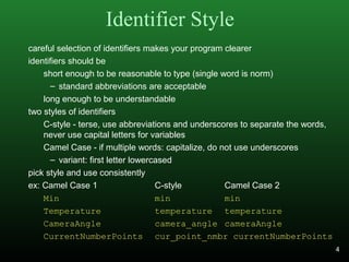 Identifier Style
careful selection of identifiers makes your program clearer
identifiers should be
short enough to be reasonable to type (single word is norm)
– standard abbreviations are acceptable
long enough to be understandable
two styles of identifiers
C-style - terse, use abbreviations and underscores to separate the words,
never use capital letters for variables
Camel Case - if multiple words: capitalize, do not use underscores
– variant: first letter lowercased
pick style and use consistently
ex: Camel Case 1 C-style Camel Case 2
Min min min
Temperature temperature temperature
CameraAngle camera_angle cameraAngle
CurrentNumberPoints cur_point_nmbr currentNumberPoints
4
 