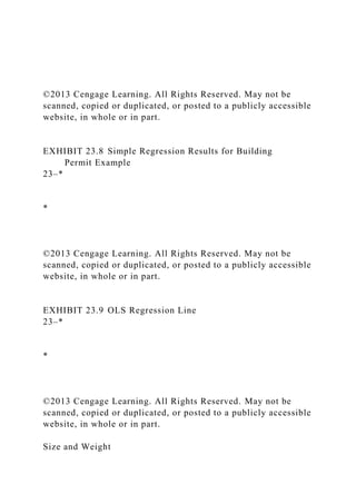 ©2013 Cengage Learning. All Rights Reserved. May not be
scanned, copied or duplicated, or posted to a publicly accessible
website, in whole or in part.
EXHIBIT 23.8 Simple Regression Results for Building
Permit Example
23–*
*
©2013 Cengage Learning. All Rights Reserved. May not be
scanned, copied or duplicated, or posted to a publicly accessible
website, in whole or in part.
EXHIBIT 23.9 OLS Regression Line
23–*
*
©2013 Cengage Learning. All Rights Reserved. May not be
scanned, copied or duplicated, or posted to a publicly accessible
website, in whole or in part.
Size and Weight
 
