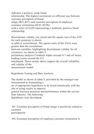 indicates a positive, weak linear
relationship. The highest correlation co-efficient was between
customer perception of brand
image (B11-B17) and customer perception of employee
customer orientation (EC01-EC06)
with a score of 0.659 representing a moderate, positive linear
relationship.
Discriminate validity was tested and the square root of the AVE
for each construct is shown
in table 4, (correlation). The square roots of the AVEs were
greater than the correlations
between variables, highlighting discriminant validity for all
constructs. As shown in table 3,
preliminary analysis Cronbach Alpha exceeds 0.7 and all factor
loading scores exceed the 0.5
benchmark. These results above support the overall reliability
and validity of the
measurement model.
Hypothesis Testing and Data Analysis
The model as shown in table 5, provided by the manager was
instrumental in formulating a
set of appropriate hypothesis to be tested statistically with the
aim of using results to improve
general business practices and performance within the service
firm industry. The following
hypotheses were developed:
H1: Customer perception of brand image is positively related to
customer
participation
H2: Customer perception of employee customer orientation is
 