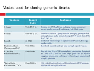 Vectors used for cloning genomic libraries
Vectors Insert
Size
Features
λ phages Up to 25-30 kb Genome size-37 kb, efficient packaging system, replacement
vectors usually employed, used to study individual genes.
Cosmids Up to 40-45 kb Contains cos site of λ phage to allow packaging, propagate in E.
coli as plasmids, useful for sub-cloning of DNA inserts from YAC,
BAC, PAC etc.
Fosmids 35-45 kb Contains F-plasmid origin of replication and λ cossite, low copy
number, stable.
Bacterial Artificial
Chromosomes (BAC)
Up to 300kb Based on F-plasmid, relatively large and high capacity vectors.
P1 Artificial
Chromosomes(PACs)
Up to 300 kb Derived from DNA of P1 bacteriophage, combines the features of
P1 and BACs, used to clone larger genes and in physical
mapping, chromosome walking as well as shotgun sequencing of
complex genomes.
Y
east Artificial
Chromosomes (YAC)
Up to 2000kb Allow identification of successful transformants. (BAC clones are
highly stable and highly efficient)
 