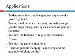 Applications:
 To determine the complete genome sequence of a
given organism.
 To study and generate transgenic animals through
genetic engineering, serving as a source of genomic
sequence.
 To study the function of regulatory sequences
in vitro.
 To study the genetic mutations.
 Used for genome mapping, sequencing and the
assembly of clone contigs.
 