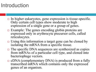 Introduction
 In higher eukaryotes, gene expression is tissue-specific.
Only certain cell types show moderate to high
expression of a single gene or a group of genes.
 Example: The genes encoding globin proteins are
expressed only in erythrocyte precursor cells, called
reticulocytes.
 Using this information a target gene can be cloned by
isolating the mRNA from a specific tissue.
 The specific DNA sequences are synthesized as copies
from mRNAs of a particular cell type, and cloned into
bacteriophage vectors.
 cDNA (complementary DNA) is produced from a fully
transcribed mRNA which contains only the expressed
genes of an organism.
 