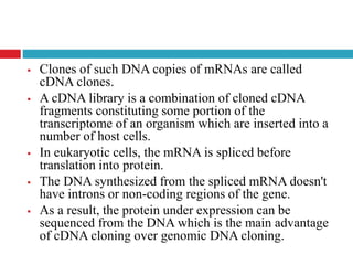 .
 Clones of such DNA copies of mRNAs are called
cDNA clones.
 A cDNA library is a combination of cloned cDNA
fragments constituting some portion of the
transcriptome of an organism which are inserted into a
number of host cells.
 In eukaryotic cells, the mRNA is spliced before
translation into protein.
 The DNA synthesized from the spliced mRNA doesn't
have introns or non-coding regions of the gene.
 As a result, the protein under expression can be
sequenced from the DNA which is the main advantage
of cDNA cloning over genomic DNA cloning.
 