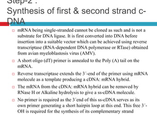 Step-2 :
Synthesis of first & second strand c-
DNA
 mRNA being single-stranded cannot be cloned as such and is not a
substrate for DNA ligase. It is first converted into DNA before
insertion into a suitable vector which can be achieved using reverse
transcriptase (RNA-dependent DNA polymerase or RTase) obtained
from avian myeloblastosis virus (AMV).
 A short oligo (dT) primer is annealed to the Poly (A) tail on the
mRNA.
 Reverse transcriptase extends the 3´-end of the primer using mRNA
molecule as a template producing a cDNA: mRNA hybrid.
 The mRNA from the cDNA: mRNA hybrid can be removed by
RNase H or Alkaline hydrolysis to give a ss-cDNA molecule.
 No primer is required as the 3´end of this ss-cDNA serves as its
own primer generating a short hairpin loop at this end. This free 3´-
OH is required for the synthesis of its complementary strand
 