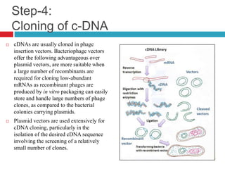Step-4:
Cloning of c-DNA
 cDNAs are usually cloned in phage
insertion vectors. Bacteriophage vectors
offer the following advantageous over
plasmid vectors, are more suitable when
a large number of recombinants are
required for cloning low-abundant
mRNAs as recombinant phages are
produced by in vitro packaging can easily
store and handle large numbers of phage
clones, as compared to the bacterial
colonies carrying plasmids.
 Plasmid vectors are used extensively for
cDNA cloning, particularly in the
isolation of the desired cDNA sequence
involving the screening of a relatively
small number of clones.
 