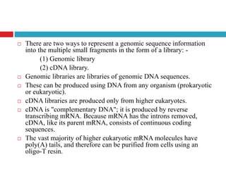 .
 There are two ways to represent a genomic sequence information
into the multiple small fragments in the form of a library: -
(1) Genomic library
(2) cDNA library.
 Genomic libraries are libraries of genomic DNA sequences.
 These can be produced using DNA from any organism (prokaryotic
or eukaryotic).
 cDNA libraries are produced only from higher eukaryotes.
 cDNA is "complementary DNA"; it is produced by reverse
transcribing mRNA. Because mRNA has the introns removed,
cDNA, like its parent mRNA, consists of continuous coding
sequences.
 The vast majority of higher eukaryotic mRNA molecules have
poly(A) tails, and therefore can be purified from cells using an
oligo-T resin.
 