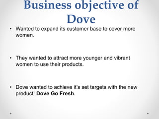 Business objective of
Dove
• Wanted to expand its customer base to cover more
women.
• They wanted to attract more younger and vibrant
women to use their products.
• Dove wanted to achieve it’s set targets with the new
product: Dove Go Fresh.
 