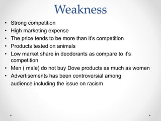 Weakness
• Strong competition
• High marketing expense
• The price tends to be more than it’s competition
• Products tested on animals
• Low market share in deodorants as compare to it’s
competition
• Men ( male) do not buy Dove products as much as women
• Advertisements has been controversial among
audience including the issue on racism
 