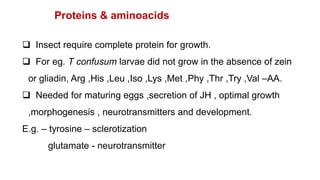 Proteins & aminoacids
 Insect require complete protein for growth.
 For eg. T confusum larvae did not grow in the absence of zein
or gliadin, Arg ,His ,Leu ,Iso ,Lys ,Met ,Phy ,Thr ,Try ,Val –AA.
 Needed for maturing eggs ,secretion of JH , optimal growth
,morphogenesis , neurotransmitters and development.
E.g. – tyrosine – sclerotization
glutamate - neurotransmitter
 