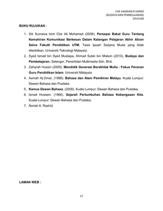 CHE HAMDAN B HAMID
(BUDAYA DAN PEMBELAJARAN)
EDU3106
27
BUKU RUJUKAN :
1. Siti Sumaiza binti Che Ali Mohamed (2008), Persepsi Bakal Guru Tentang
Kemahiran Komunikasi Berkesan Dalam Kalangan Pelajaran Akhir Aliran
Sains Fakulti Pendidikan UTM, Tesis Ijazah Sarjana Muda yang tidak
diterbitkan, Universiti Teknologi Malaysia.
2. Syed Ismail bin Syed Mustapa, Ahmad Subki bin Miskon (2010), Budaya dan
Pembelajaran, Selangor, Penerbitan Multimedia Sdn. Bhd.
3. Zaharah Hussin (2009), Mendidik Generasi Berakhlak Mulia : Fokus Peranan
Guru Pendidikan Islam, Universiti Malaysia
4. Asmah Hj.Omar, (1988). Bahasa dan Alam Pemikiran Melayu. Kuala Lumpur:
Dewan Bahasa dan Pustaka.
5. Kamus Dewan Bahasa. (2008). Kuala Lumpur: Dewan Bahasa dan Pustaka.
6. Ismail Hussein. (1966). Sejarah Pertumbuhan Bahasa Kebangsaan Kita.
Kuala Lumpur: Dewan Bahasa dan Pustaka.
7. Noriati A. Rashid
LAMAN WEB :
 