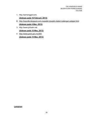 CHE HAMDAN B HAMID
(BUDAYA DAN PEMBELAJARAN)
EDU3106
28
1. http.//semanggol.com.
(diakses pada 18 Februari, 2013)
2. http://kayrolls.blogspot.com.masalah-dusiplin-dalam-kalangan-pelajar.html
(diakses pada 4 Mac, 2013)
3. http.//www.prihatin.net
(diakses pada 10 Mac, 2013)
4. http://www.jpnin.gov.my/361
(diakses pada 14 Mac, 2013)
Lampiran
 