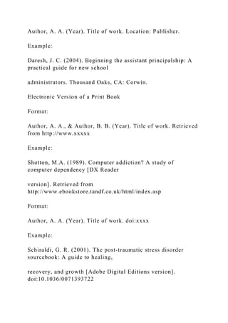 Author, A. A. (Year). Title of work. Location: Publisher.
Example:
Daresh, J. C. (2004). Beginning the assistant principalship: A
practical guide for new school
administrators. Thousand Oaks, CA: Corwin.
Electronic Version of a Print Book
Format:
Author, A. A., & Author, B. B. (Year). Title of work. Retrieved
from http://www.xxxxx
Example:
Shotton, M.A. (1989). Computer addiction? A study of
computer dependency [DX Reader
version]. Retrieved from
http://www.ebookstore.tandf.co.uk/html/index.asp
Format:
Author, A. A. (Year). Title of work. doi:xxxx
Example:
Schiraldi, G. R. (2001). The post-traumatic stress disorder
sourcebook: A guide to healing,
recovery, and growth [Adobe Digital Editions version].
doi:10.1036/0071393722
 