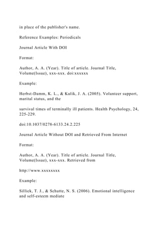 in place of the publisher's name.
Reference Examples: Periodicals
Journal Article With DOI
Format:
Author, A. A. (Year). Title of article. Journal Title,
Volume(Issue), xxx-xxx. doi:xxxxxx
Example:
Herbst-Damm, K. L., & Kulik, J. A. (2005). Volunteer support,
marital status, and the
survival times of terminally ill patients. Health Psychology, 24,
225-229.
doi:10.1037/0278-6133.24.2.225
Journal Article Without DOI and Retrieved From Internet
Format:
Author, A. A. (Year). Title of article. Journal Title,
Volume(Issue), xxx-xxx. Retrieved from
http://www.xxxxxxxx
Example:
Sillick, T. J., & Schutte, N. S. (2006). Emotional intelligence
and self-esteem mediate
 