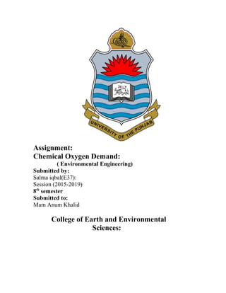 Assignment:
Chemical Oxygen Demand:
( Environmental Engineering)
Submitted by:
Salma iqbal(E37):
Session (2015-2019)
8th
semester
Submitted to:
Mam Anum Khalid
College of Earth and Environmental
Sciences:
 