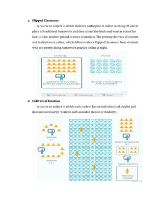 c. Flipped Classroom
A course or subject in which students participate in online learning off-site in
place of traditional homework and then attend the brick-and-mortar school for
face-to-face, teacher-guided practice or projects. The primary delivery of content
and instruction is online, which differentiates a Flipped Classroom from students
who are merely doing homework practice online at night.
d. Individual Rotation
A course or subject in which each student has an individualized playlist and
does not necessarily rotate to each available station or modality.
 