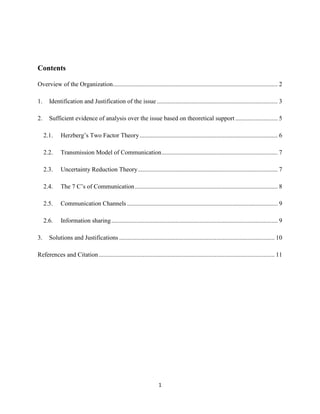 1
Contents
Overview of the Organization......................................................................................................... 2
1. Identification and Justification of the issue ............................................................................. 3
2. Sufficient evidence of analysis over the issue based on theoretical support ........................... 5
2.1. Herzberg’s Two Factor Theory........................................................................................ 6
2.2. Transmission Model of Communication.......................................................................... 7
2.3. Uncertainty Reduction Theory......................................................................................... 7
2.4. The 7 C’s of Communication........................................................................................... 8
2.5. Communication Channels ................................................................................................ 9
2.6. Information sharing.......................................................................................................... 9
3. Solutions and Justifications ................................................................................................... 10
References and Citation................................................................................................................ 11
 