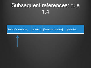 Subsequent references: rule
1.4
Author’s surname, above n [footnote number], pinpoint.
 