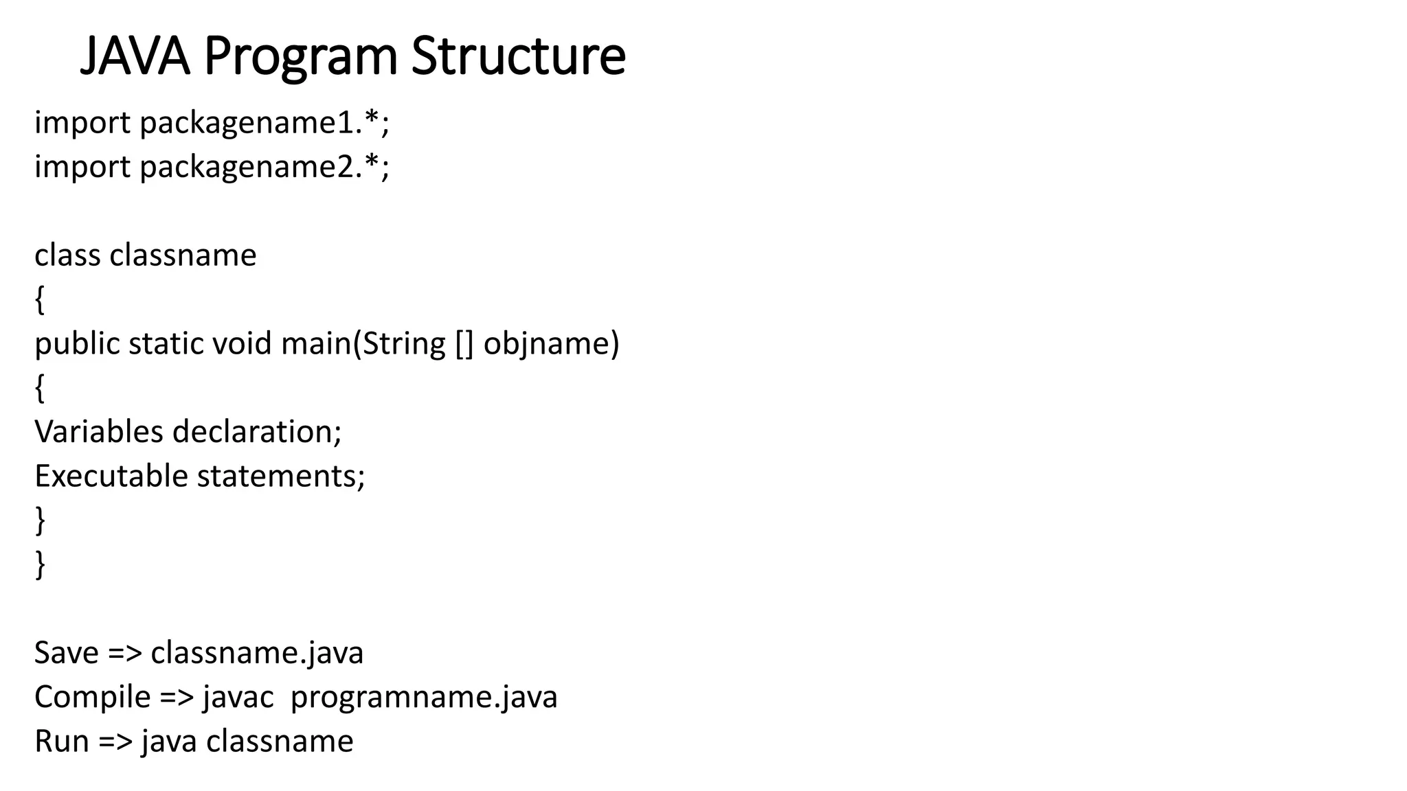 JAVA Program Structure
import packagename1.*;
import packagename2.*;
class classname
{
public static void main(String [] objname)
{
Variables declaration;
Executable statements;
}
}
Save => classname.java
Compile => javac programname.java
Run => java classname
 