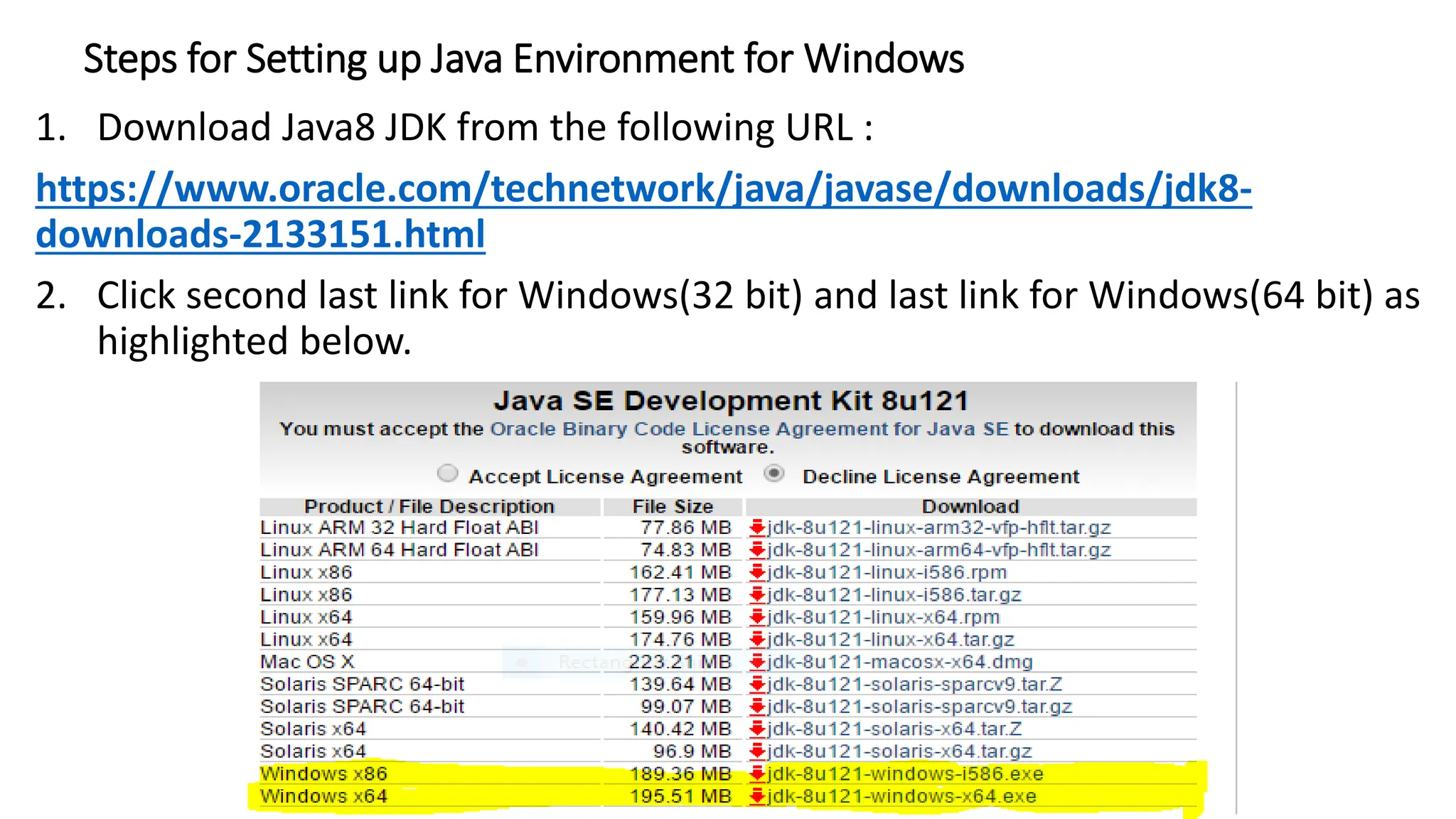 Steps for Setting up Java Environment for Windows
1. Download Java8 JDK from the following URL :
https://www.oracle.com/technetwork/java/javase/downloads/jdk8-
downloads-2133151.html
2. Click second last link for Windows(32 bit) and last link for Windows(64 bit) as
highlighted below.
 