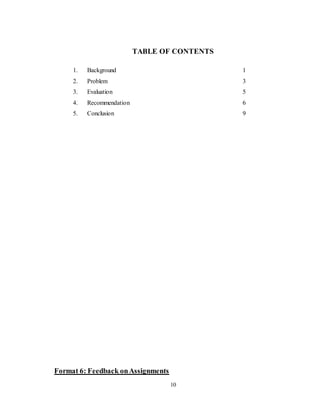 10
TABLE OF CONTENTS
1. Background 1
2. Problem 3
3. Evaluation 5
4. Recommendation 6
5. Conclusion 9
Format 6: Feedback onAssignments
 