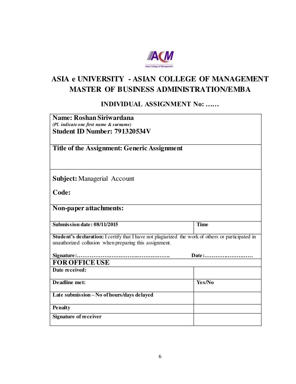 Assignment format for MBA Students