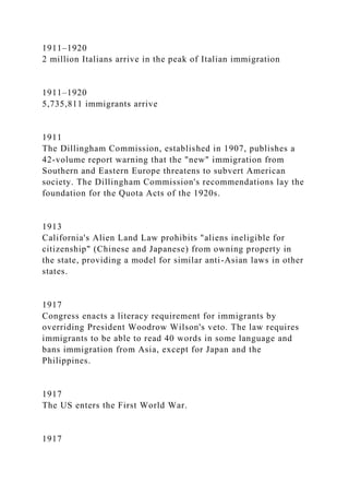 1911–1920
2 million Italians arrive in the peak of Italian immigration
1911–1920
5,735,811 immigrants arrive
1911
The Dillingham Commission, established in 1907, publishes a
42-volume report warning that the "new" immigration from
Southern and Eastern Europe threatens to subvert American
society. The Dillingham Commission's recommendations lay the
foundation for the Quota Acts of the 1920s.
1913
California's Alien Land Law prohibits "aliens ineligible for
citizenship" (Chinese and Japanese) from owning property in
the state, providing a model for similar anti-Asian laws in other
states.
1917
Congress enacts a literacy requirement for immigrants by
overriding President Woodrow Wilson's veto. The law requires
immigrants to be able to read 40 words in some language and
bans immigration from Asia, except for Japan and the
Philippines.
1917
The US enters the First World War.
1917
 