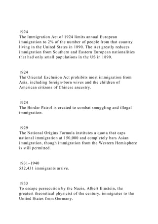 1924
The Immigration Act of 1924 limits annual European
immigration to 2% of the number of people from that country
living in the United States in 1890. The Act greatly reduces
immigration from Southern and Eastern European nationalities
that had only small populations in the US in 1890.
1924
The Oriental Exclusion Act prohibits most immigration from
Asia, including foreign-born wives and the children of
American citizens of Chinese ancestry.
1924
The Border Patrol is created to combat smuggling and illegal
immigration.
1929
The National Origins Formula institutes a quota that caps
national immigration at 150,000 and completely bars Asian
immigration, though immigration from the Western Hemisphere
is still permitted.
1931–1940
532,431 immigrants arrive.
1933
To escape persecution by the Nazis, Albert Einstein, the
greatest theoretical physicist of the century, immigrates to the
United States from Germany.
 