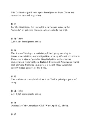 The California gold rush spurs immigration from China and
extensive internal migration.
1850
For the first time, the United States Census surveys the
"nativity" of citizens (born inside or outside the US).
1851–1860
2,598,214 immigrants arrive
1854
The Know-Nothings, a nativist political party seeking to
increase restrictions on immigration, win significant victories in
Congress, a sign of popular dissatisfaction with growing
immigration from Catholic Ireland. Protestant Americans feared
that growing Catholic immigration would place American
society under control of the Pope.
1855
Castle Garden is established as New York's principal point of
entry.
1861–1870
2,314,825 immigrants arrive
1861
Outbreak of the American Civil War (April 12, 1861).
1862
 
