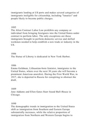 immigrants landing at US ports and makes several categories of
immigrants ineligible for citizenship, including "lunatics" and
people likely to become public charges.
1885
The Alien Contract Labor Law prohibits any company or
individual from bringing foreigners into the United States under
contract to perform labor. The only exceptions are those
immigrants brought to perform domestic service and skilled
workmen needed to help establish a new trade or industry in the
US.
1886
The Statue of Liberty is dedicated in New York Harbor.
1886
Emma Goldman, Lithuanian-born feminist, immigrates to the
United States, where over the next 30 years she will become a
prominent American anarchist. During the First World War, in
1917, she is deported to Russia for conspiring to obstruct the
draft.
1889
Jane Addams and Ellen Gates Starr found Hull-House in
Chicago.
1890
The demographic trends in immigration to the United States
shift as immigration from Southern and Eastern Europe
substantially increases, while the relative proportion of
immigration from Northern and Western Europe begins to
 
