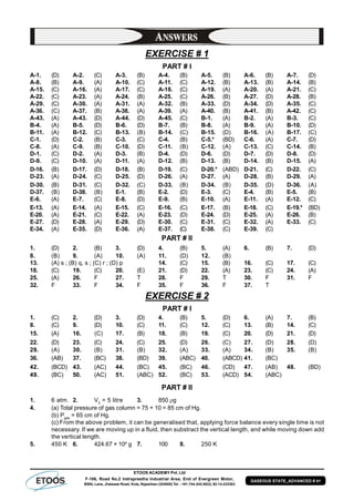 ETOOS ACADEMY Pvt. Ltd
F-106, Road No.2 Indraprastha Industrial Area, End of Evergreen Motor,
BSNL Lane, Jhalawar Road, Kota, Rajasthan (324005) Tel. : +91-744-242-5022, 92-14-233303
GASEOUS STATE_ADVANCED # 41
EXERCISE # 1
PART # I
A-1. (D) A-2. (C) A-3. (B) A-4. (B) A-5. (B) A-6. (B) A-7. (D)
A-8. (B) A-9. (A) A-10. (C) A-11. (C) A-12. (B) A-13. (B) A-14. (B)
A-15. (C) A-16. (A) A-17. (C) A-18. (C) A-19. (A) A-20. (A) A-21. (C)
A-22. (C) A-23. (A) A-24. (B) A-25. (C) A-26. (B) A-27. (D) A-28. (B)
A-29. (C) A-30. (A) A-31. (A) A-32. (B) A-33. (D) A-34. (D) A-35. (C)
A-36. (C) A-37. (B) A-38. (A) A-39. (A) A-40. (B) A-41. (B) A-42. (C)
A-43. (A) A-43. (D) A-44. (D) A-45. (C) B-1. (A) B-2. (A) B-3. (C)
B-4. (A) B-5. (D) B-6. (D) B-7. (B) B-8. (A) B-9. (A) B-10. (D)
B-11. (A) B-12. (C) B-13. (B) B-14. (C) B-15. (D) B-16. (A) B-17. (C)
C-1. (D) C-2. (B) C-3. (C) C-4. (B) C-5.* (BD) C-6. (A) C-7. (D)
C-8. (A) C-9. (B) C-10. (D) C-11. (B) C-12. (A) C-13. (C) C-14. (B)
D-1. (C) D-2. (A) D-3. (B) D-4. (D) D-6. (D) D-7. (D) D-8. (D)
D-9. (C) D-10. (A) D-11. (A) D-12. (B) D-13. (B) D-14. (B) D-15. (A)
D-16. (B) D-17. (D) D-18. (B) D-19. (C) D-20.* (ABD) D-21. (C) D-22. (C)
D-23. (A) D-24. (C) D-25. (D) D-26. (A) D-27. (A) D-28. (B) D-29. (A)
D-30. (B) D-31. (C) D-32. (C) D-33. (B) D-34. (B) D-35. (D) D-36. (A)
D-37. (B) D-38. (B) E-1. (B) E-2. (D) E-3. (C) E-4. (B) E-5. (B)
E-6. (A) E-7. (C) E-8. (D) E-9. (B) E-10. (A) E-11. (A) E-12. (C)
E-13. (A) E-14. (A) E-15. (C) E-16. (C) E-17. (B) E-18. (C) E-19.* (BD)
E-20. (A) E-21. (C) E-22. (A) E-23. (D) E-24. (D) E-25. (A) E-26. (B)
E-27. (D) E-28. (A) E-29. (D) E-30. (C) E-31. (C) E-32. (A) E-33. (C)
E-34. (A) E-35. (D) E-36. (A) E-37. (C) E-38. (C) E-39. (C)
PART # II
1. (D) 2. (B) 3. (D) 4. (B) 5. (A) 6. (B) 7. (D)
8. (B) 9. (A) 10. (A) 11. (D) 12. (B)
13. (A) s ; (B) q, s ; (C) r ; (D) p 14. (C) 15. (B) 16. (C) 17. (C)
18. (C) 19. (C) 20. (E) 21. (D) 22. (A) 23. (C) 24. (A)
25. (A) 26. F 27. T 28. F 29. T 30. F 31. F
32. F 33. F 34. F 35. F 36. F 37. T
EXERCISE # 2
PART # I
1. (C) 2. (D) 3. (D) 4. (B) 5. (D) 6. (A) 7. (B)
8. (C) 9. (D) 10. (C) 11. (C) 12. (C) 13. (B) 14. (C)
15. (A) 16. (C) 17. (B) 18. (B) 19. (C) 20. (D) 21. (D)
22. (D) 23. (C) 24. (C) 25. (D) 26. (C) 27. (D) 28. (D)
29. (A) 30. (B) 31. (B) 32. (A) 33. (A) 34. (B) 35. (B)
36. (AB) 37. (BC) 38. (BD) 39. (ABC) 40. (ABCD) 41. (BC)
42. (BCD) 43. (AC) 44. (BC) 45. (BC) 46. (CD) 47. (AB) 48. (BD)
49. (BC) 50. (AC) 51. (ABC) 52. (BC) 53. (ACD) 54. (ABC)
PART # II
1. 6 atm. 2. V2
= 5 litre 3. 850 g
4. (a) Total pressure of gas column = 75 + 10 = 85 cm of Hg.
(b) Pgas
= 65 cm of Hg.
(c) From the above problem, it can be generalised that, applying force balance every single time is not
necessary. If we are moving up in a fluid, then substract the vertical length, and while moving down add
the vertical length.
5. 450 K 6. 424.67 × 104
g 7. 100 8. 250 K
 