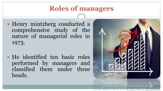 Roles of managers
 Henry mintzberg conducted a
comprehensive study of the
nature of managerial roles in
1973.
 He identified ten basic roles
performed by managers and
classified them under three
heads.
 