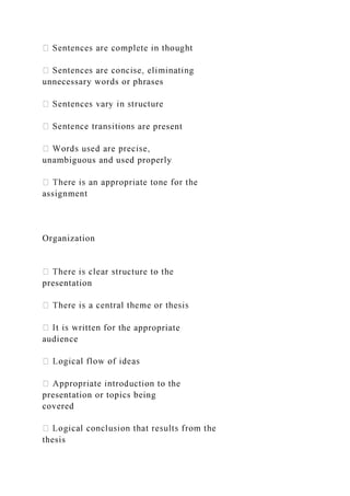 unnecessary words or phrases
are present
unambiguous and used properly
assignment
Organization
presentation
the appropriate
audience
presentation or topics being
covered
thesis
 