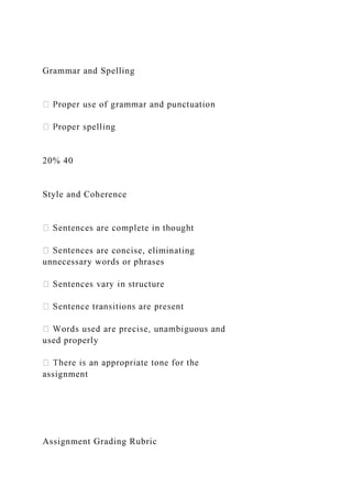Grammar and Spelling
20% 40
Style and Coherence
ces are concise, eliminating
unnecessary words or phrases
used properly
assignment
Assignment Grading Rubric
 