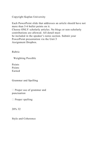 Copyright Kaplan University
Each PowerPoint slide that addresses an article should have not
more than 5-6 bullet points on it.
Choose ONLY scholarly articles. No blogs or non-scholarly
contributions are allowed. All detail must
be included in the speaker’s notes section. Submit your
PowerPoint presentation via the Unit 5
Assignment Dropbox.
Rubric
Weighting Possible
Points
Points
Earned
Grammar and Spelling
oper use of grammar and
punctuation
20% 32
Style and Coherence
 