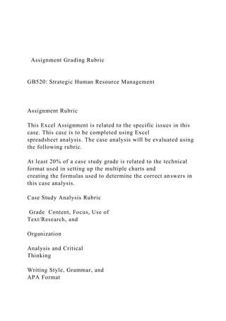 Assignment Grading Rubric
GB520: Strategic Human Resource Management
Assignment Rubric
This Excel Assignment is related to the specific issues in this
case. This case is to be completed using Excel
spreadsheet analysis. The case analysis will be evaluated using
the following rubric.
At least 20% of a case study grade is related to the technical
format used in setting up the multiple charts and
creating the formulas used to determine the correct answers in
this case analysis.
Case Study Analysis Rubric
Grade Content, Focus, Use of
Text/Research, and
Organization
Analysis and Critical
Thinking
Writing Style, Grammar, and
APA Format
 