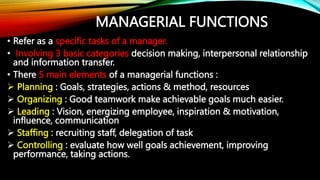 MANAGERIAL FUNCTIONS
• Refer as a specific tasks of a manager.
• Involving 3 basic categories decision making, interpersonal relationship
and information transfer.
• There 5 main elements of a managerial functions :
 Planning : Goals, strategies, actions & method, resources
 Organizing : Good teamwork make achievable goals much easier.
 Leading : Vision, energizing employee, inspiration & motivation,
influence, communication
 Staffing : recruiting staff, delegation of task
 Controlling : evaluate how well goals achievement, improving
performance, taking actions.
 