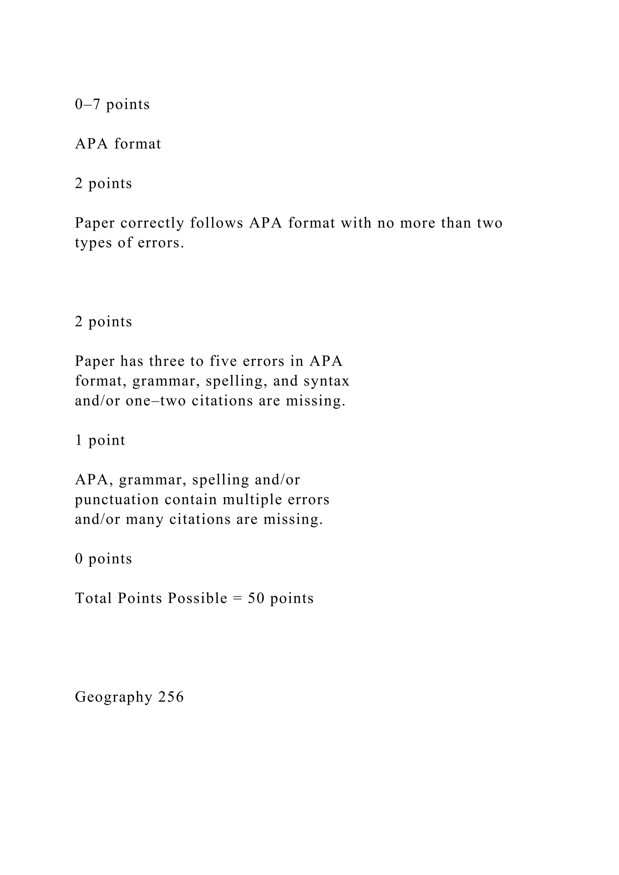 0–7 points
APA format
2 points
Paper correctly follows APA format with no more than two
types of errors.
2 points
Paper has three to five errors in APA
format, grammar, spelling, and syntax
and/or one–two citations are missing.
1 point
APA, grammar, spelling and/or
punctuation contain multiple errors
and/or many citations are missing.
0 points
Total Points Possible = 50 points
Geography 256
 
