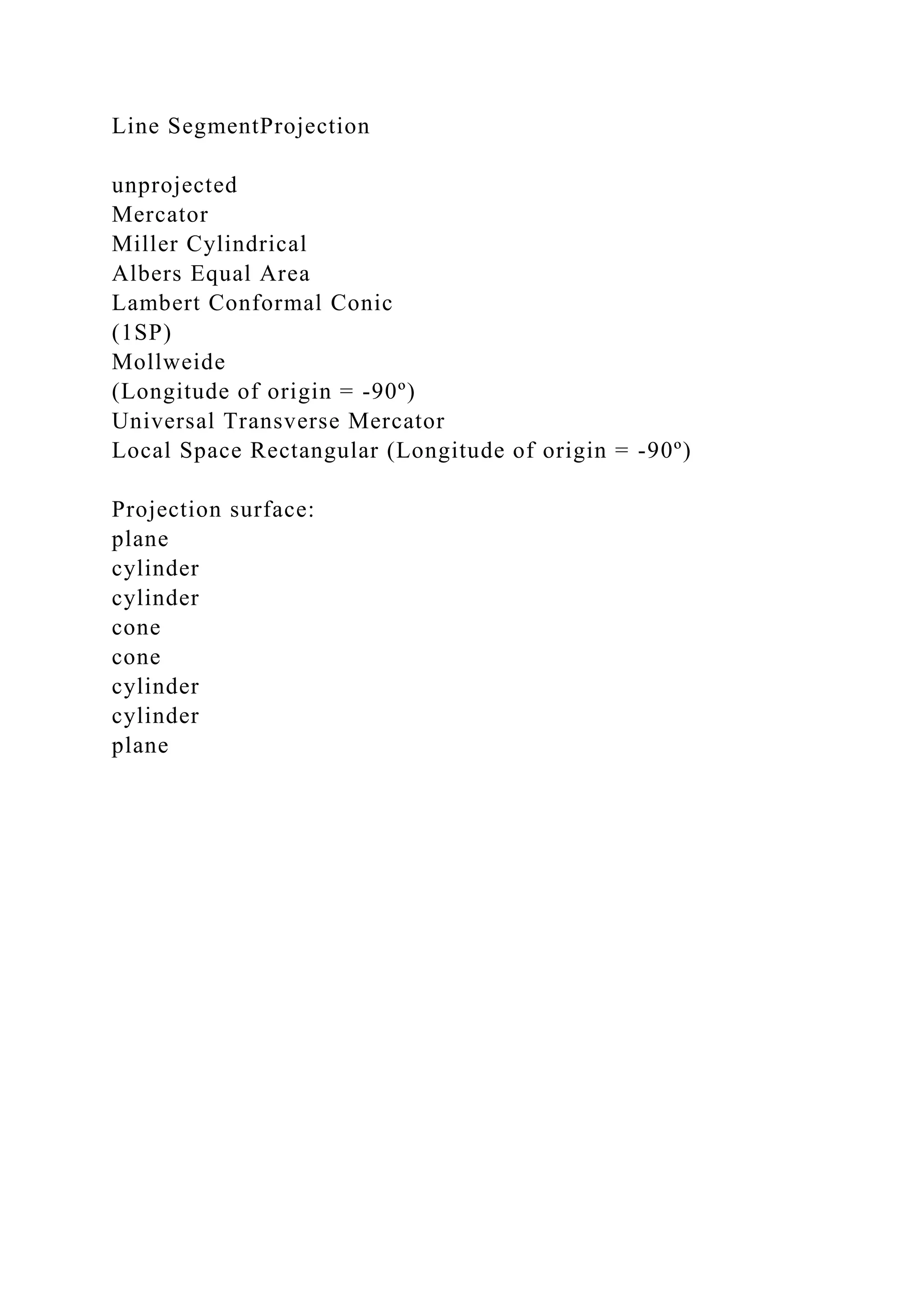 Line SegmentProjection
unprojected
Mercator
Miller Cylindrical
Albers Equal Area
Lambert Conformal Conic
(1SP)
Mollweide
(Longitude of origin = -90º)
Universal Transverse Mercator
Local Space Rectangular (Longitude of origin = -90º)
Projection surface:
plane
cylinder
cylinder
cone
cone
cylinder
cylinder
plane
 